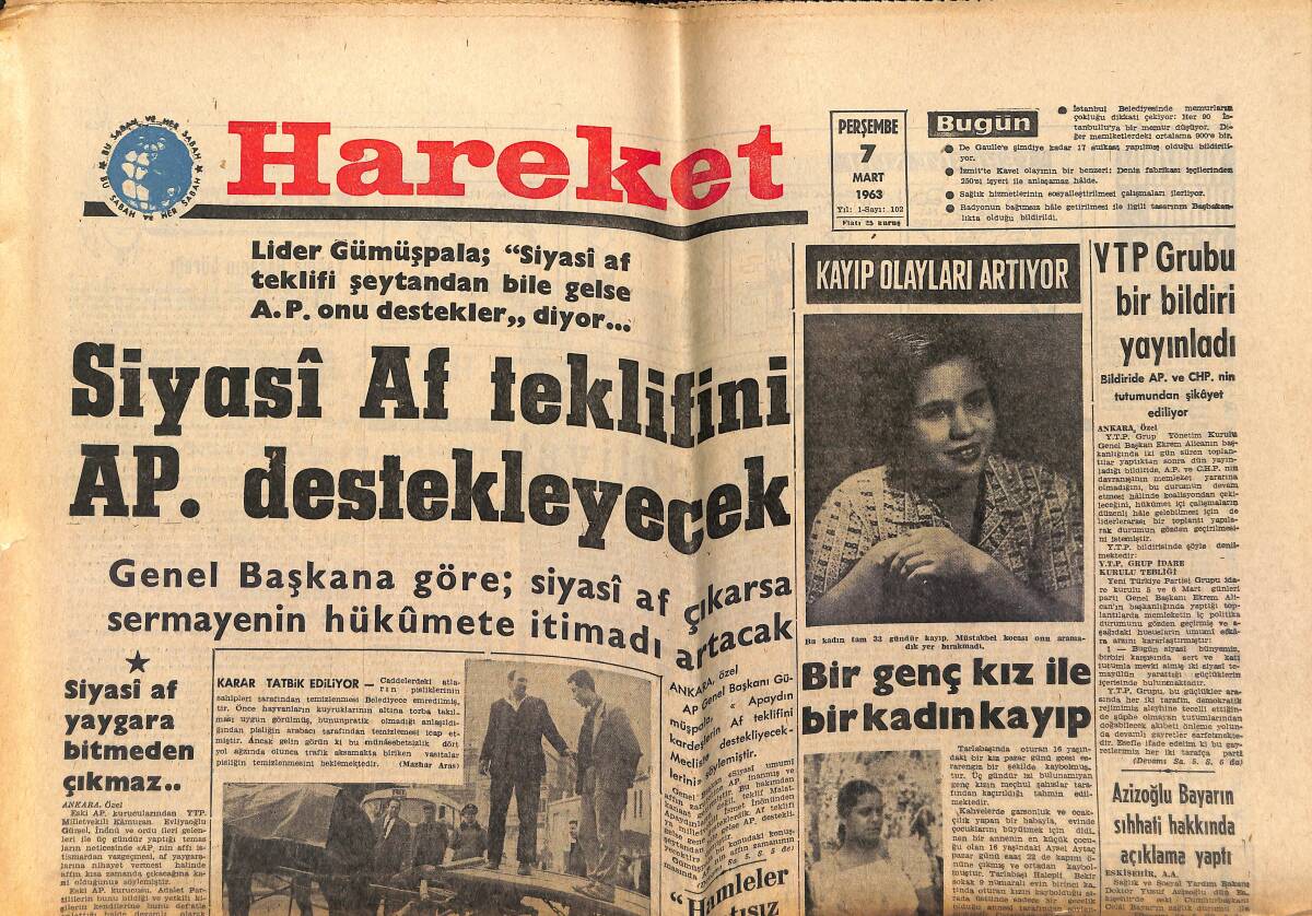 Hareket Gazetesi 7 Mart 1963 - De Gaulle 17 Defa Suikast Hedefi Olmuş - Kleopatra Nihayet Bitti GZ151363 - 1