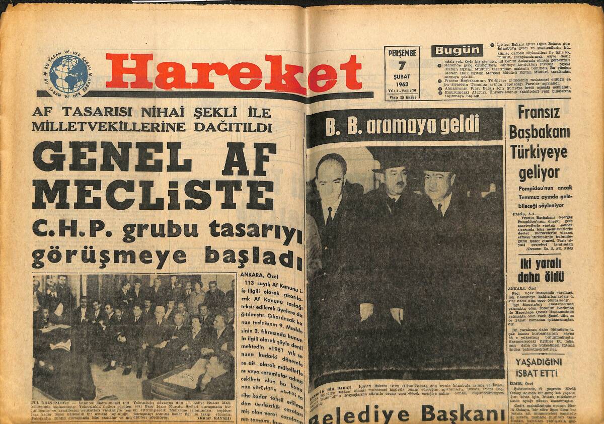 Hareket Gazetesi 7 Şubat 1963 - Fransız Başbakanı Türkiyeye Geliyor - Fikret Hakan Bir Gazeteceyi Yumrukladı GZ151330 - 1