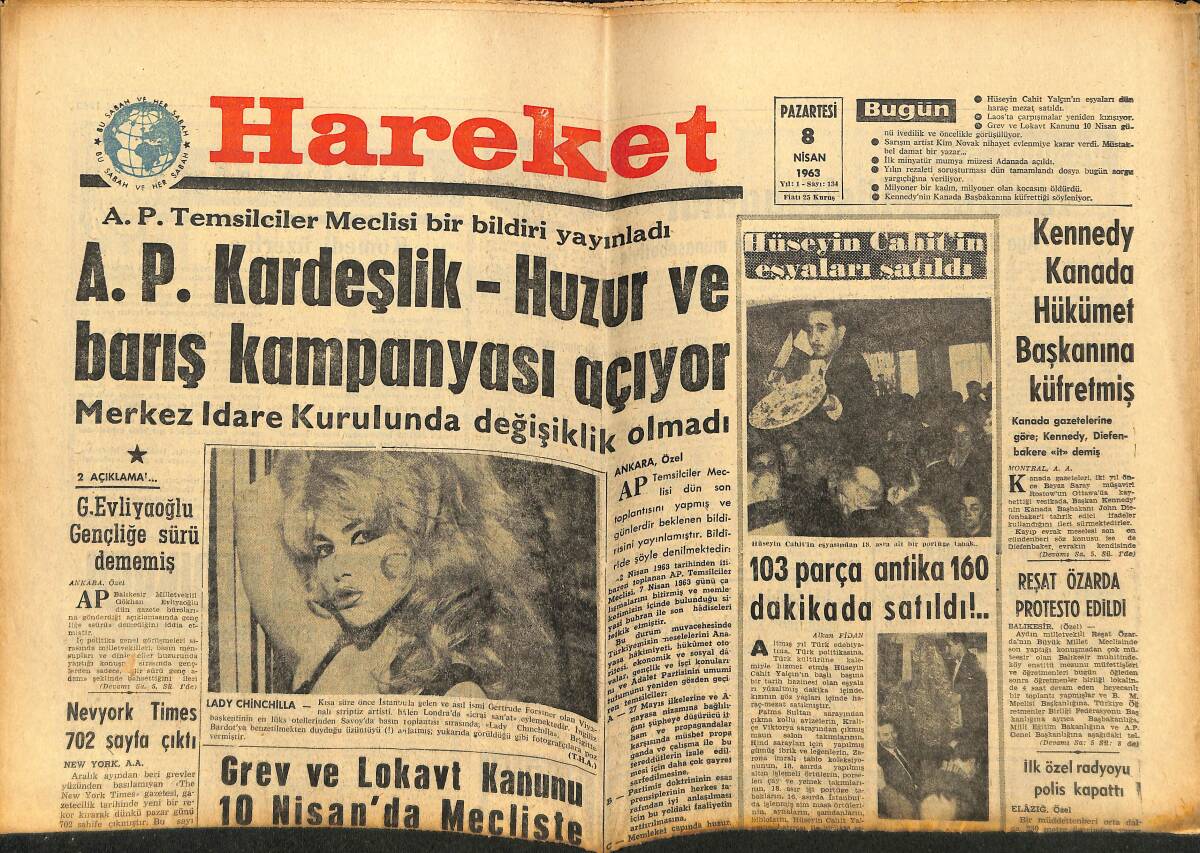 Hareket Gazetesi 8 Nisan 1963 - Kennedy, Kanada Hükümet Başkanına Küfretmiş - Lady Chinchilla - Kim Novak Nihayet Evleniyor GZ151392 - 1