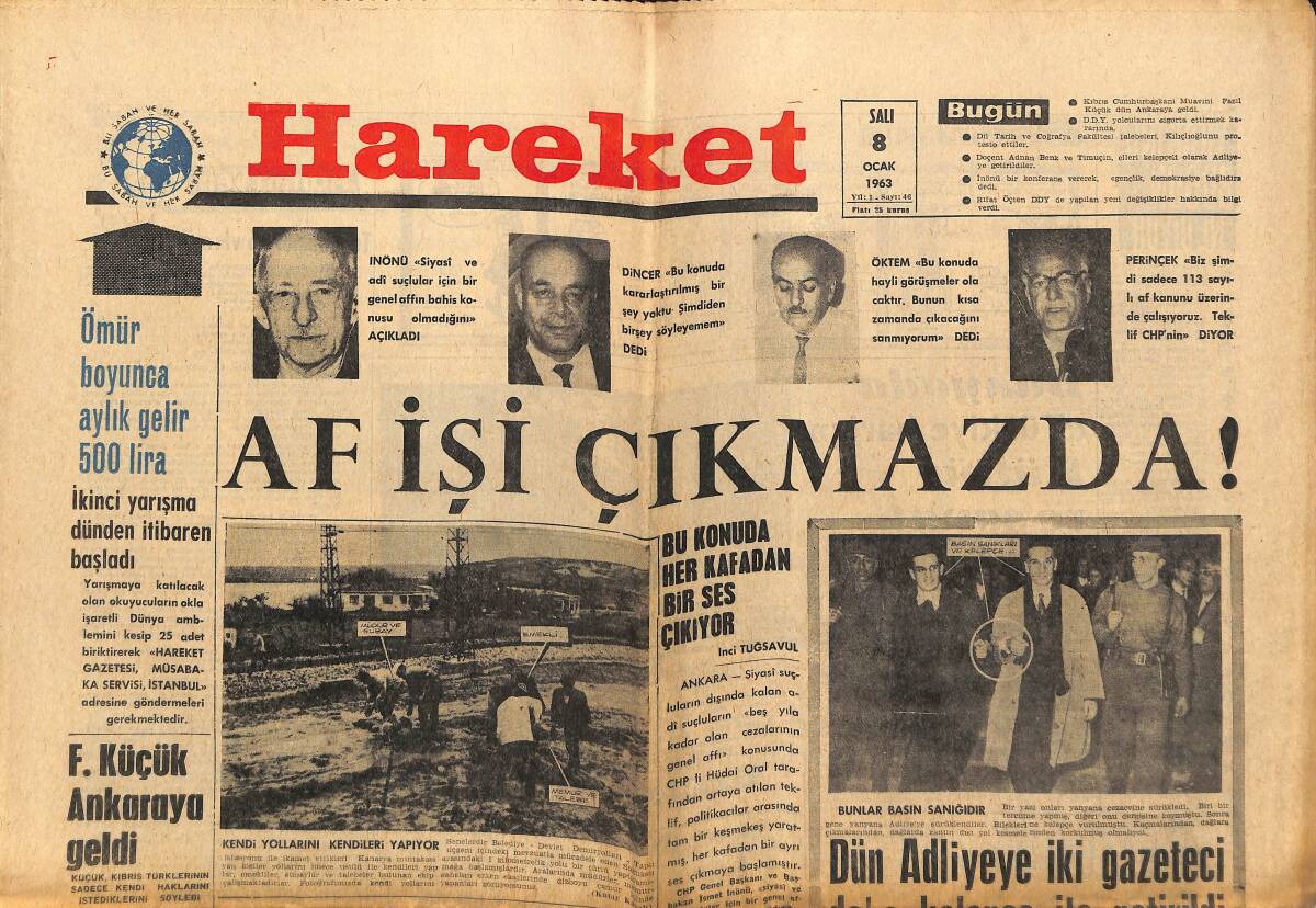 Hareket Gazetesi 8 Ocak 1963 - Gümüşpala, Bayar'a Başsağlığı Diledi - Hilton'un Stajyer Hizmetçileri Türkiye'ye Tekrar Gelmek İstiyor GZ151388 - 1