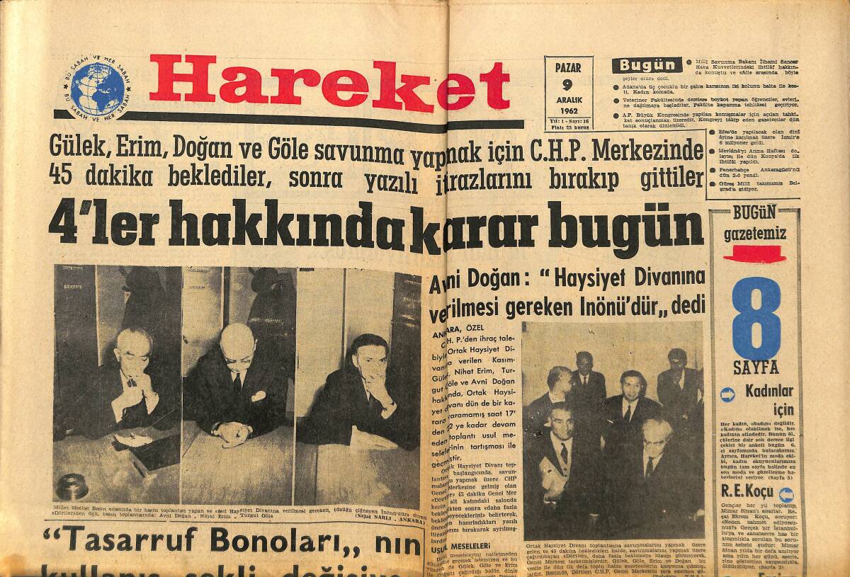 Hareket Gazetesi 9 Aralık 1962 - 4'ler Hakkında Karar Bugün - A.P. Kongresi Tahkikatı Sona Eriyor GZ151335 - 1