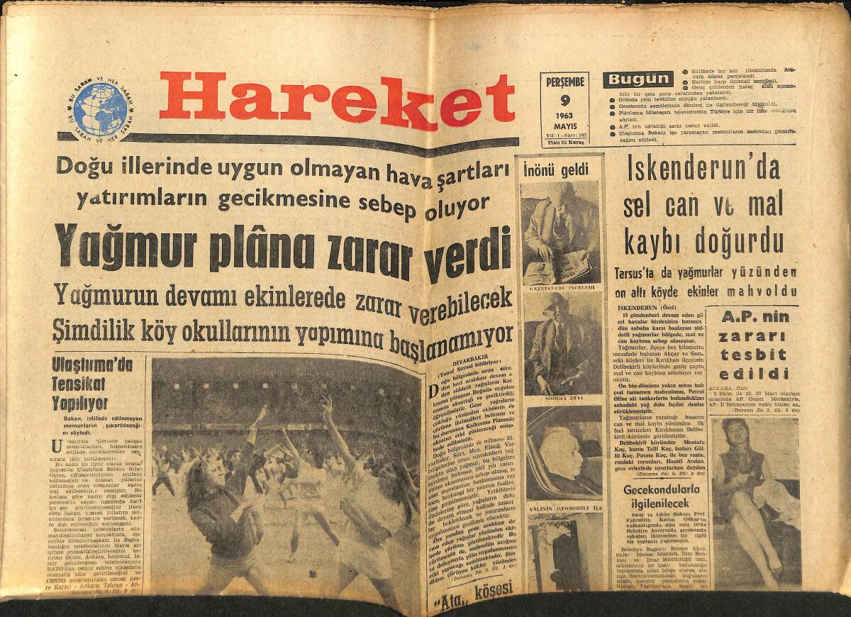 Hareket Gazetesi 9 Mayıs 1963 - Zergan Fabrikası 160 İşçisini Kovdu - İskenderun'da Sel Can Ve Mal Kaybı Doğurdu GZ151400 - 1