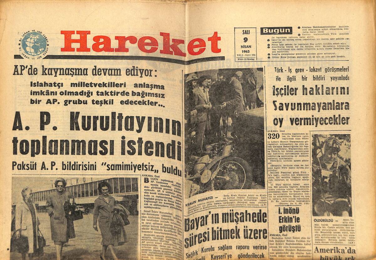 Hareket Gazetesi 9 Nisan 1963 - İtalyan Şarkıcı İrina Capace, Eski Mısır Kralı Faruk'la Evlenecek - Galatasaray Memnun Fenerbahçe Üzgün Döndü GZ151391 - 1