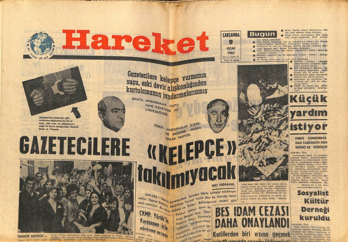 Hareket Gazetesi 9 Ocak 1963 - Beş İdam Cezası Daha Onaylandı - Milan Maçı İçin Galatasaray Yarın Kampa Giriyor GZ151389 - 1