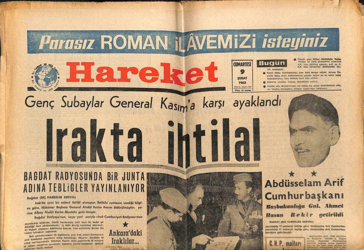 Hareket Gazetesi 9 Şubat 1963 - Irak'ta İhtilal - İstanbul'da Kral Faysal'la Tanışıp Ondan Bir Çocuk Sahibi Olan Fatma Nezahat GZ151360 - 1