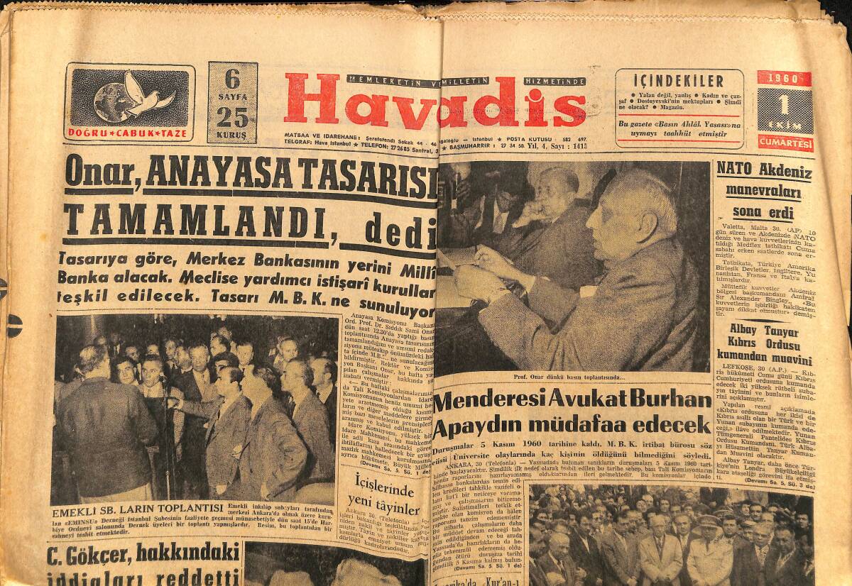 Havadis Gazetesi 1 Ekim 1960 - Devlerin 10 Yıllık Feza Programı - Metin Oktay: Beni Bulgar Maçında Oynatsınlar Tek Arzum Budur GZ148632 - 1