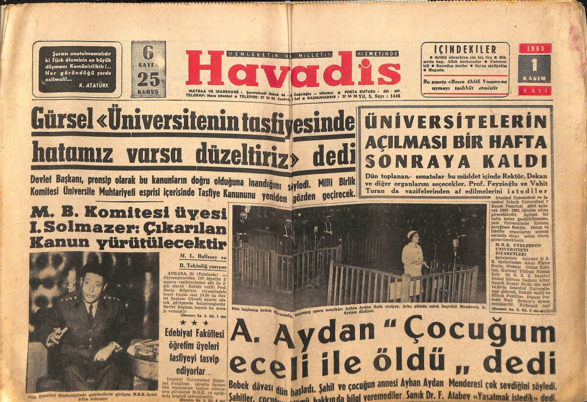 Havadis Gazetesi 1 Kasım 1960 - Farah Diba Oğlan Doğurdu - Bütün İran Halkı Bayram Yapıyor - Bebek Davasından Resimler GZ147177 - 1