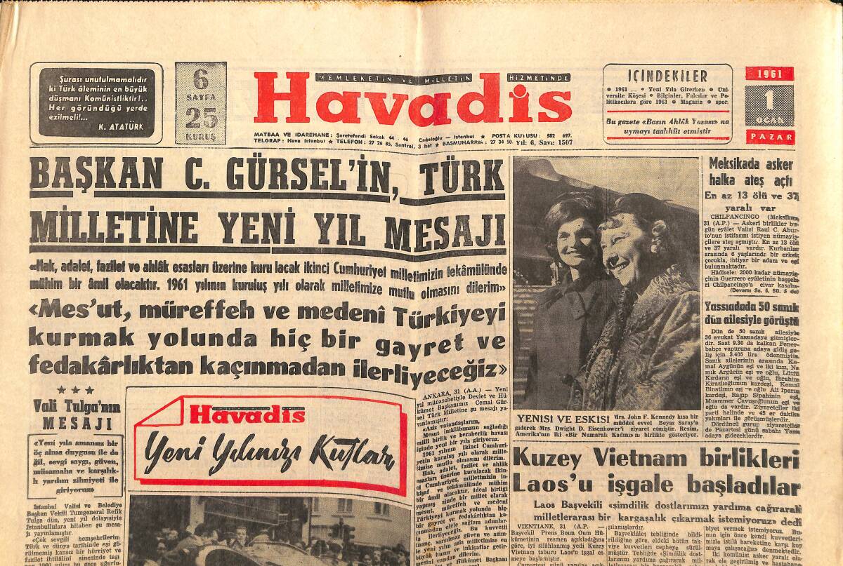 Havadis Gazetesi 1 Ocak 1961 - Kuzey Vietnam Birlikleri Laos'u İşgale Başladılar - Şeker Satışları Üç Gün İçin Durduruldu GZ147105 - 1