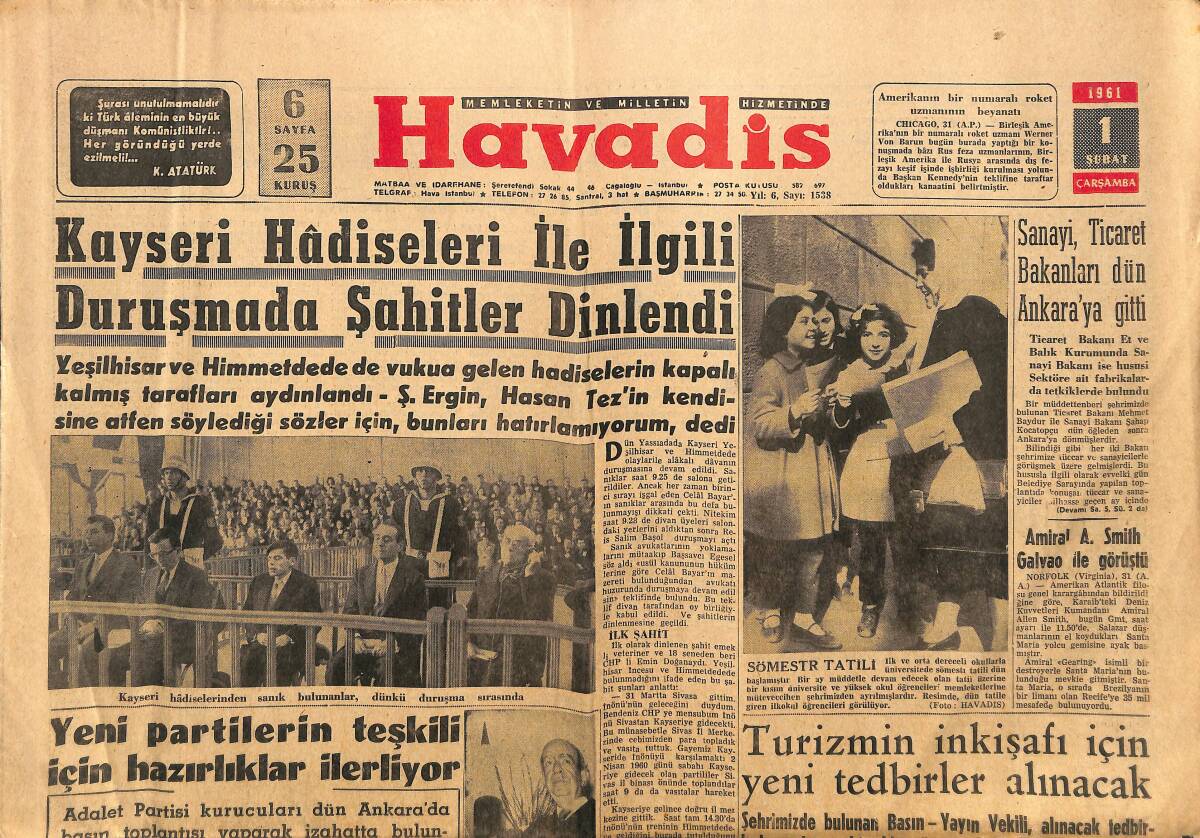 Havadis Gazetesi 1 Şubat 1961 - Kayseri Hadiseleri İle İlgili Duruşmada Şahitler Dinlendi GZ149090 - 1