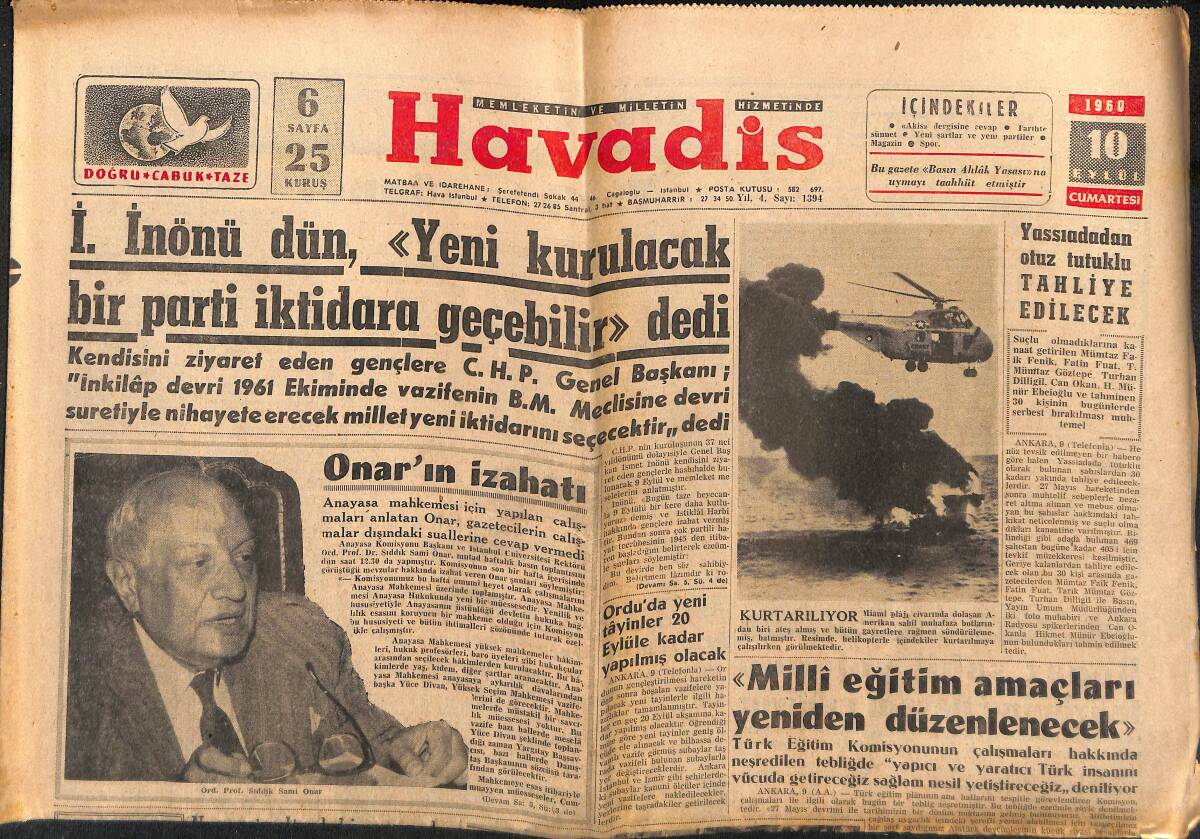 Havadis Gazetesi 10 Eylül 1960 - CHP'nin Gizli Tamiminin Akisleri Hala Devam Ediyor - Onar'ın İzahatı GZ147067 - 1