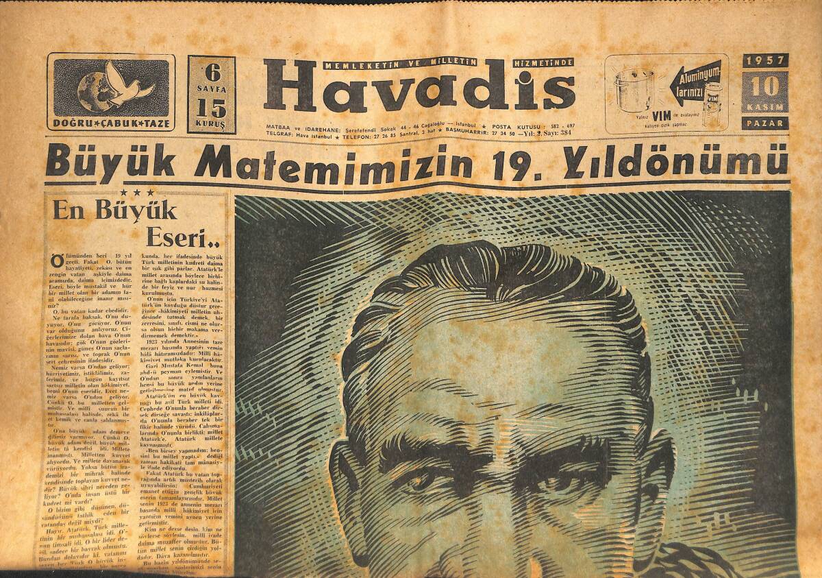 Havadis Gazetesi 10 Kasım 1957 - Büyük Matemimizin 19. Yıldönümü GZ133328 - 1