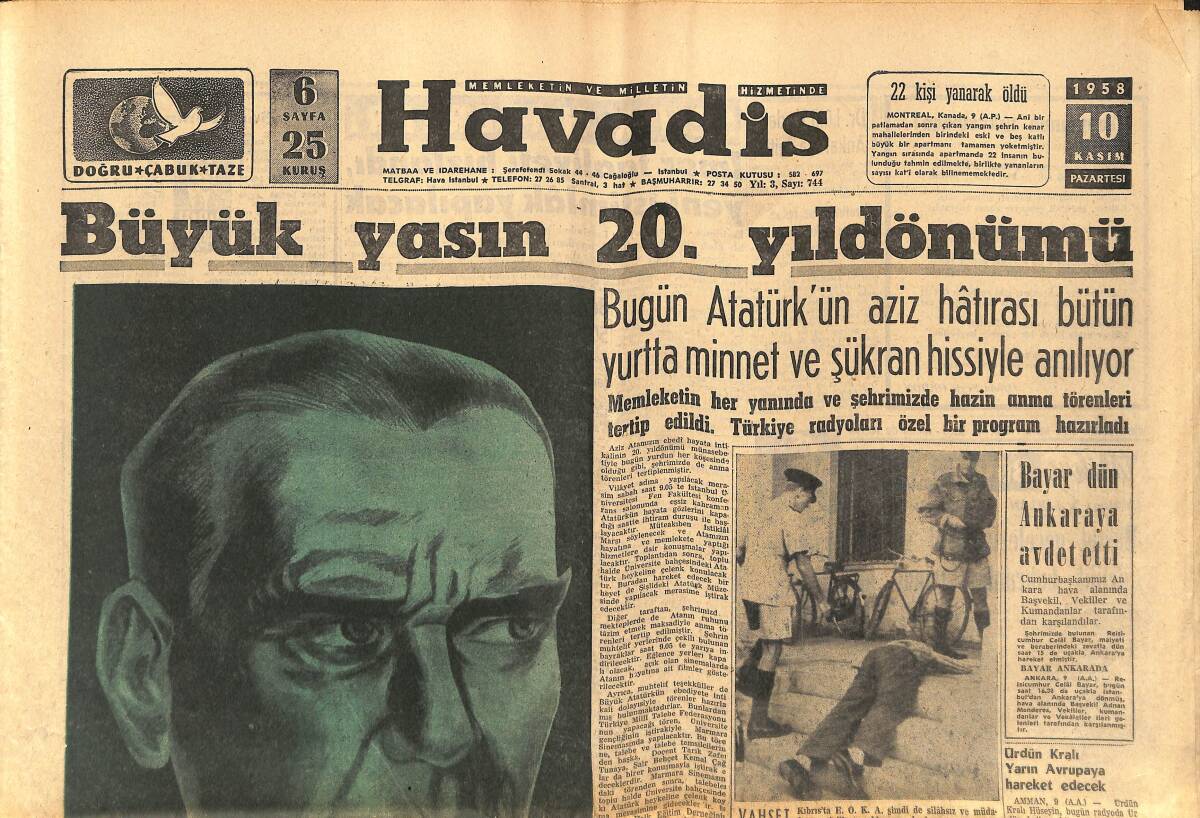 Havadis Gazetesi 10 Kasım 1958 - Büyük Yasın 20. Yıldönümü - Galatasaray Ve Beşiktaş Devreleri Paylaştılar:1-1 GZ149144 - 1