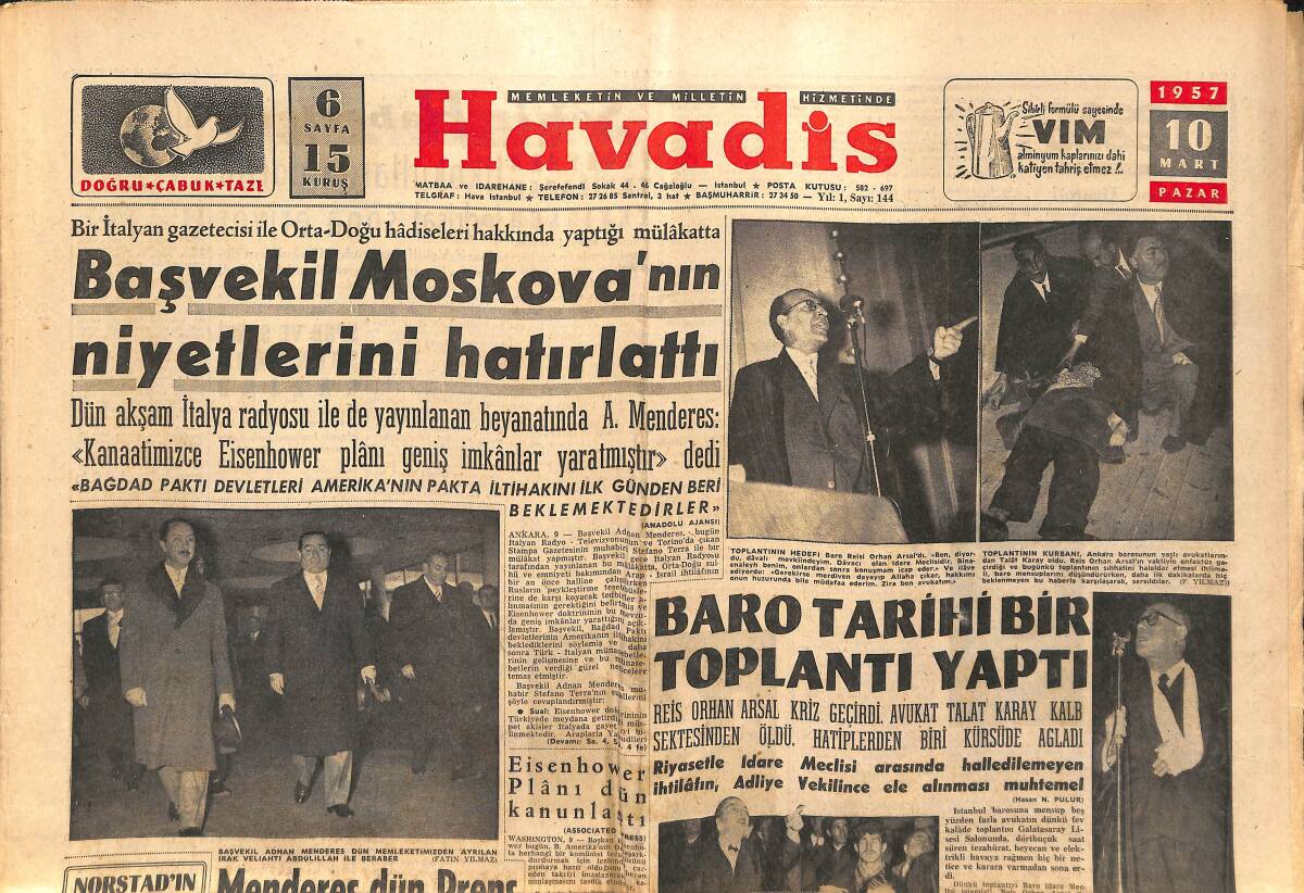 Havadis Gazetesi 10 Mart 1957 - Baro Tarihi Bir Toplantı Yaptı - EOKA Kıbrıs'ta Umumi Grev Yapıyor GZ149180 - 1