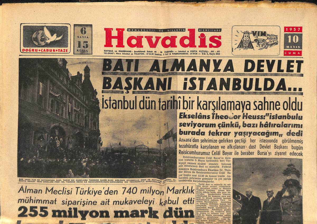 Havadis Gazetesi 10 Mayıs 1957 - İngiltere Taksim Fikrini İnceliyor - 255 Milyon Mark Dün Hesabımıza Yatırıldı GZ149165 - 1