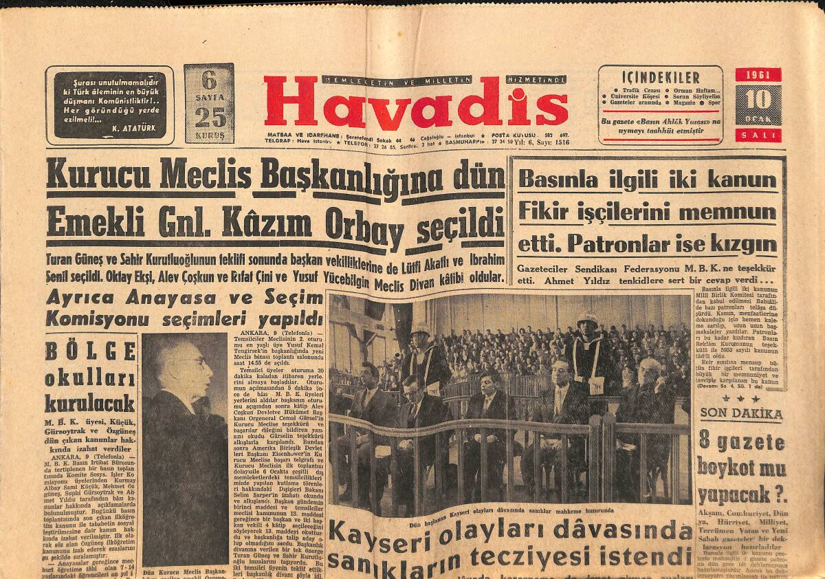 Havadis Gazetesi 10 Ocak 1961 - Cezayir'de Referanduma İştirak Nisbeti Düşük - Belçika'da Grevciler Tevkif Ediliyor GZ147114 - 1