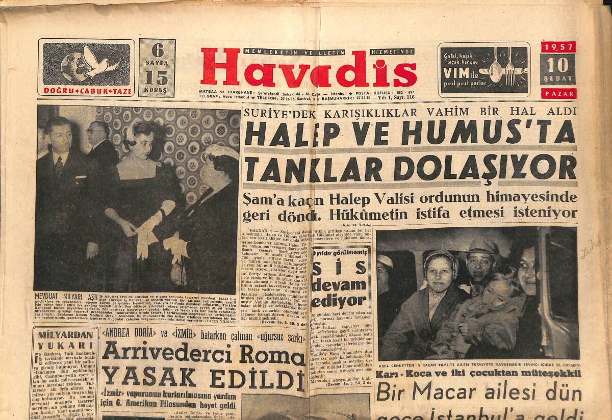 Havadis Gazetesi 10 Şubat 1957 - B. Almanya Başkenti Berlin'e Naklediliyor - Halep Ve Humus'ta Tanklar Dolaşıyor GZ149027 - 1