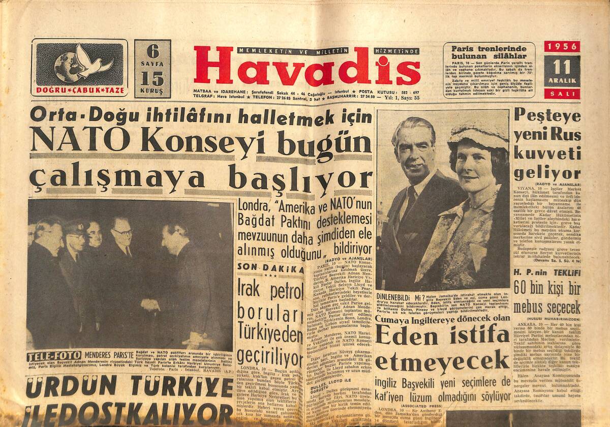 Havadis Gazetesi 11 Aralık 1956 - Irak Petrol Boruları Türkiye'den Geçiriliyor - Sophia Loren'i Kaçırıyorlar GZ148994 - 1