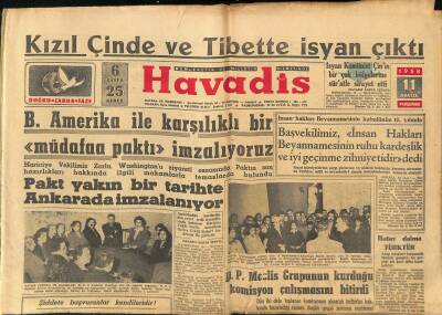 Havadis Gazetesi 11 Aralık 1958 - NATOda Kıbrısla İlgili Gizli Temaslar Yapılacak - Kızıl Çinde Ve Tibette İsyan Çıktı GZ122041 - 1