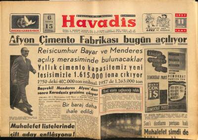 Havadis Gazetesi 11 Ekim 1957 - Afyon Çimento Fabrikası Bugün Açılıyor GZ82872 - 1