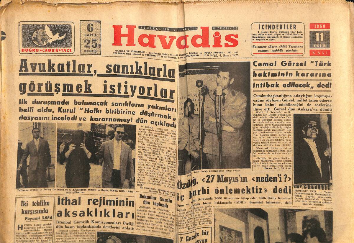 Havadis Gazetesi 11 Ekim 1960 - Futbol Federasyonu Kuruldu - Özdağ 27 Mayıs'ın Nedeni İç Harbi Önlemektir Dedi GZ148640 - 1