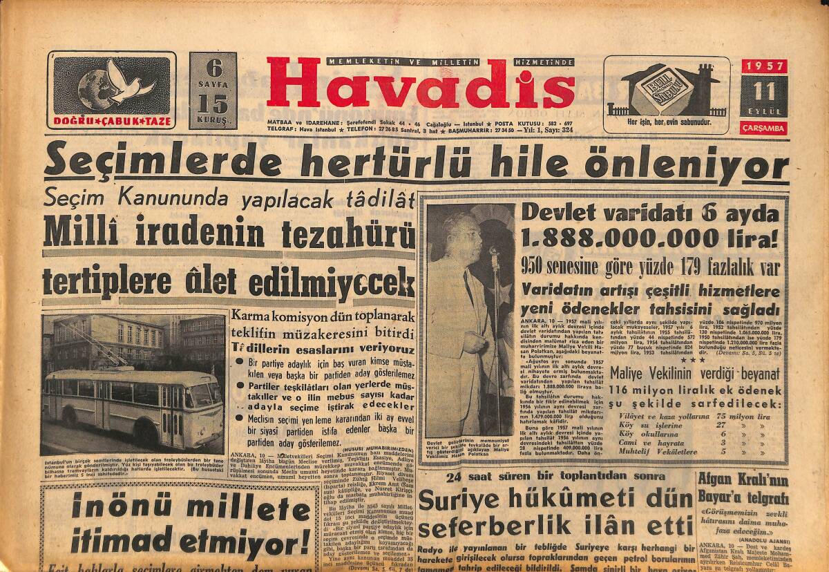 Havadis Gazetesi 11 Eylül 1957 - İnönü Millete İtimad Etmiyor - Beyazıt İle Aksaray Meydanları Nasıl Olacak GZ148613 - 1