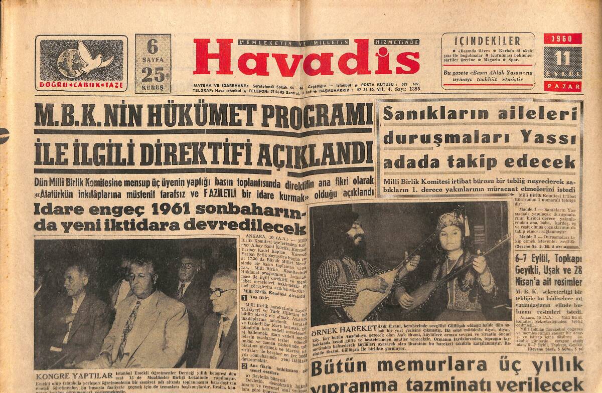 Havadis Gazetesi 11 Eylül 1960 - İleri Mensucat Fabrikası İşçileri Dün Grev Yaptılar - Roma Kafilesi Yarın Geliyor GZ147068 - 1