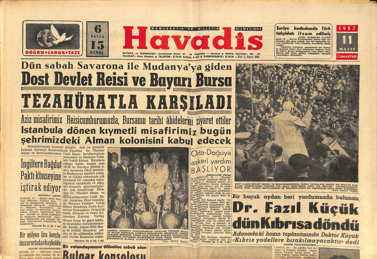 Havadis Gazetesi 11 Mayıs 1957 - Dr. Fazıl Küçük Dün Kıbrıs'a Döndü - Yunanistan Karar Veriyor GZ149166 - 1