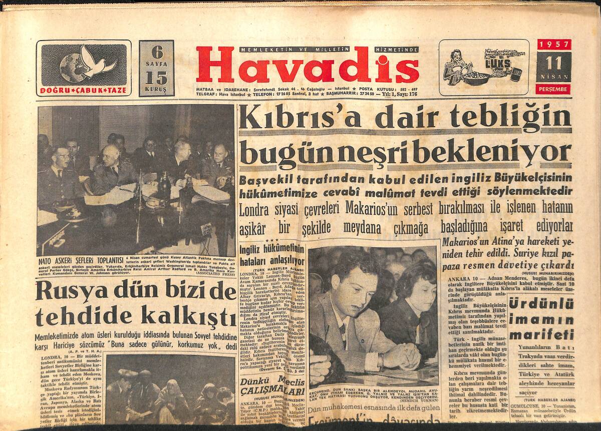 Havadis Gazetesi 11 Nisan 1957 - Konya Ucuz Elektriğe Kavuşuyor - Kraliçe Elizabeth Paris'i Geziyor GZ149266 - 1