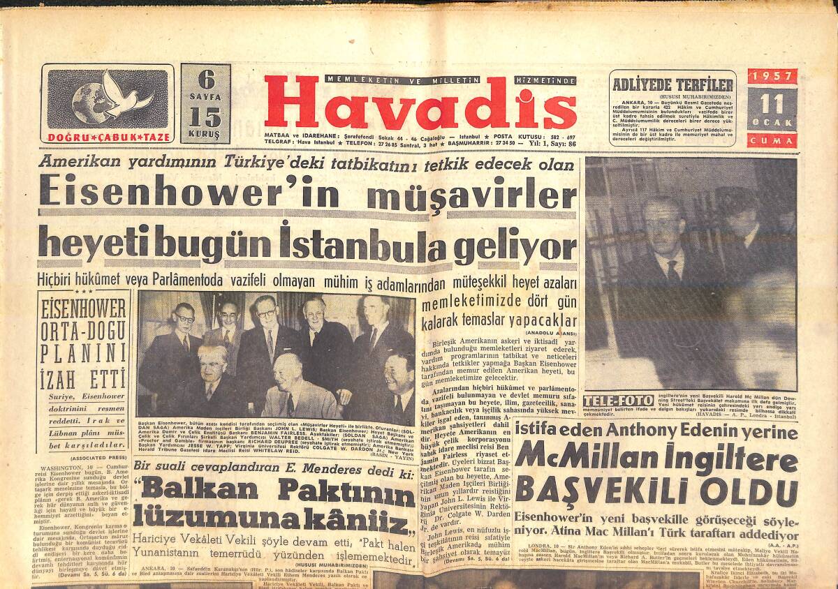 Havadis Gazetesi 11 Ocak 1957 - İstanbul'a 1 Ay Yetecek Buğday Geldi - McMillan İngiltere Başvekili Oldu GZ142905 - 1