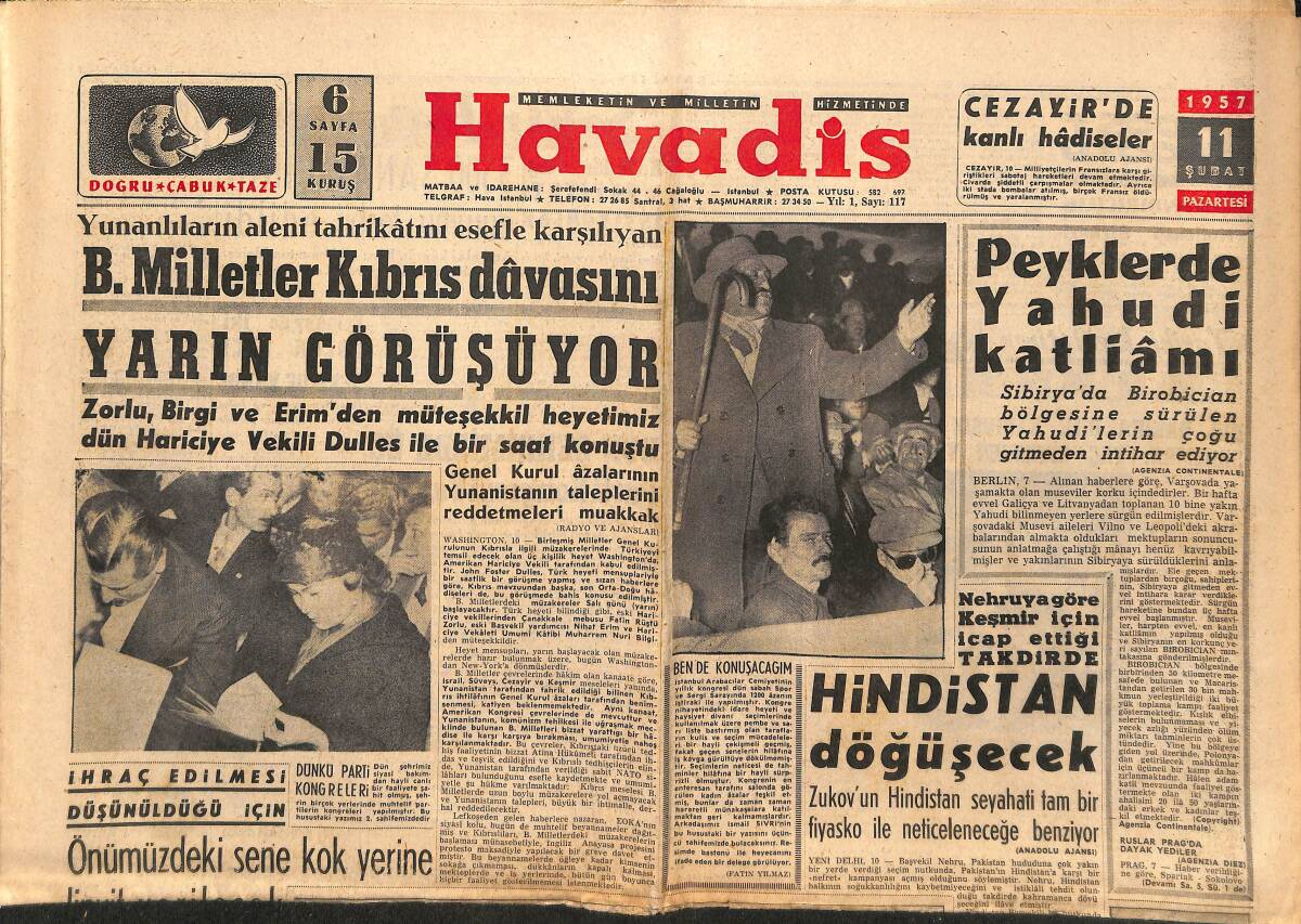 Havadis Gazetesi 11 Şubat 1957 - Belinda Lee Hollywood'a Gidiyor - Peyklerde Yahudi Katliamı GZ149028 - 1