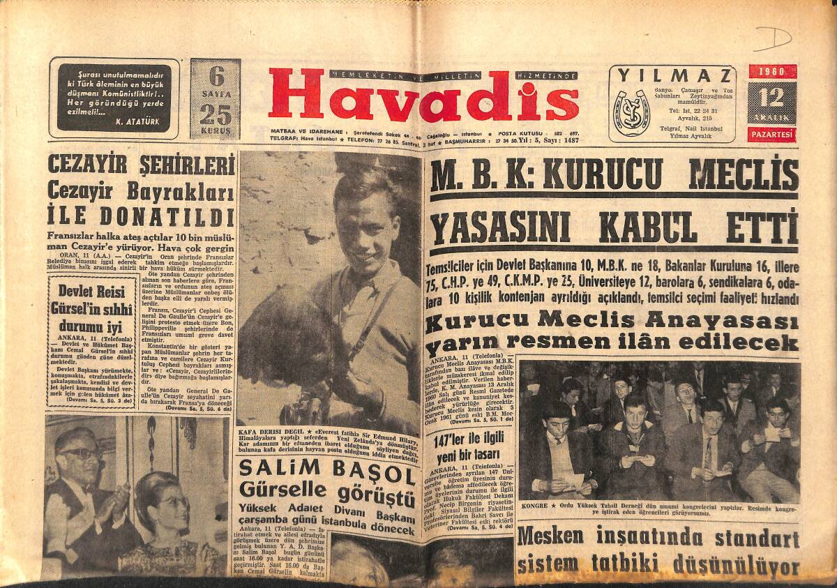 Havadis Gazetesi 12 Aralık 1960 - Salim Başol Gürsel'le Görüştü - Kral Hüseyin'in Sarayında Dün Bomba Patladı GZ147101 - 1