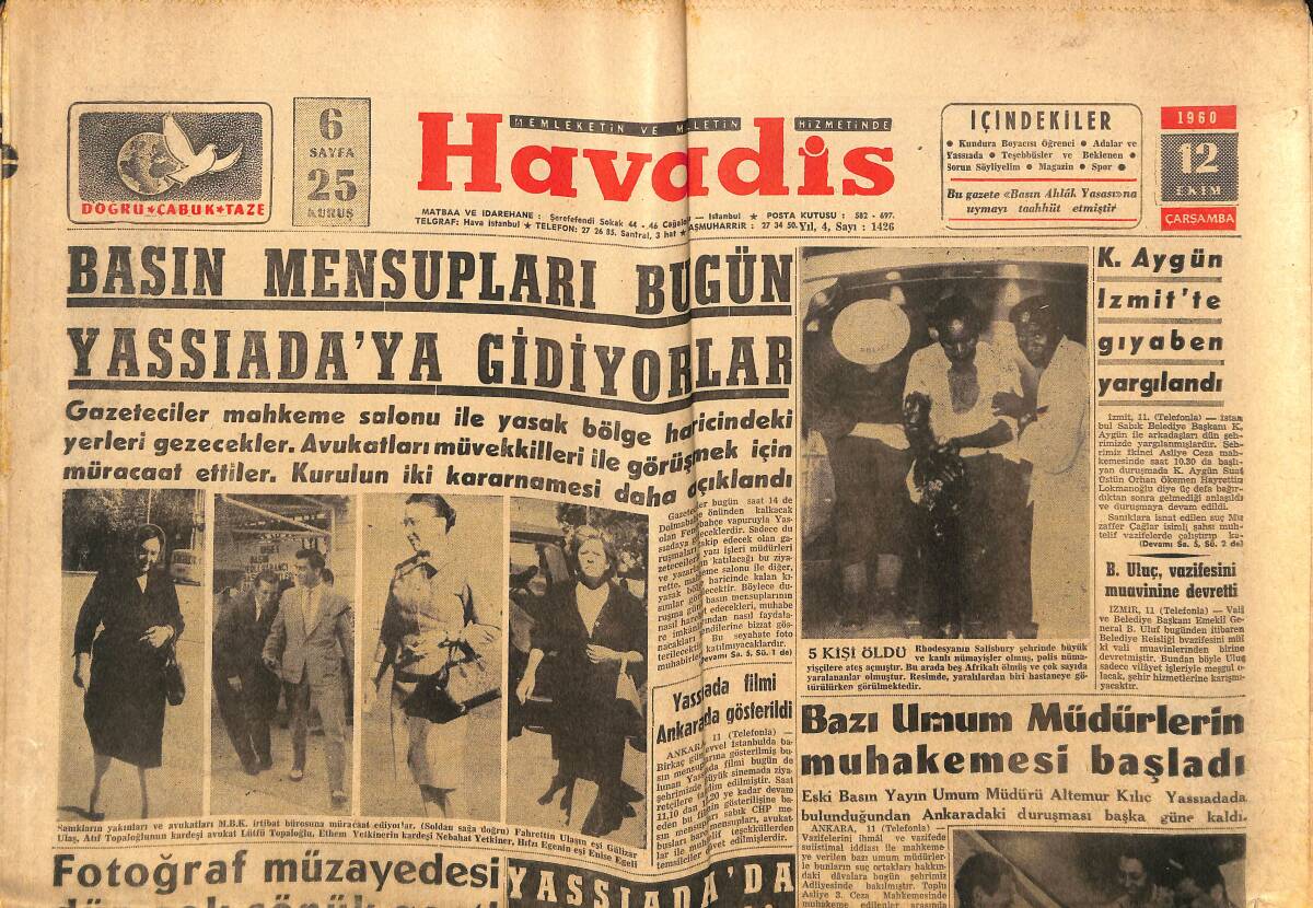 Havadis Gazetesi 12 Ekim 1960 - Yassıada Filmi Ankara'da Gösterildi - Fransa'nın İki Seksi Bombası GZ148641 - 1