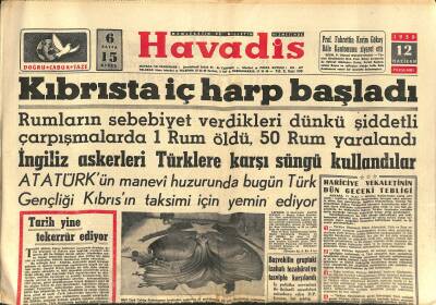 Havadis Gazetesi 12 Haziran 1958 - Kıbrısta İç Harp Başladı - Şeker Fiyatları Arttırılmıyor GZ121276 - 1