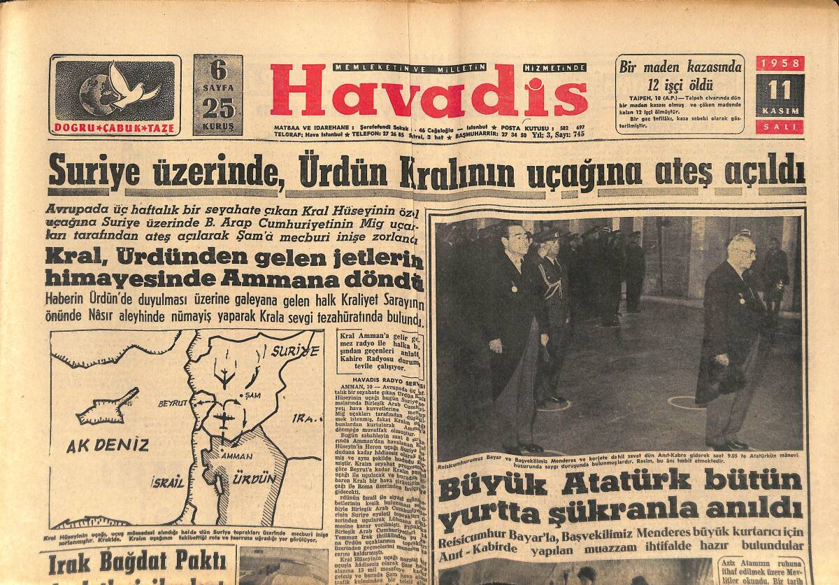 Havadis Gazetesi 12 Kasım 1958 - Birleşik Amerika,Türkiye İle Çok Geniş Çapta Askeri Ve İktisadi Birer Yardım Anlaşması İmzalayacak GZ149146 - 1