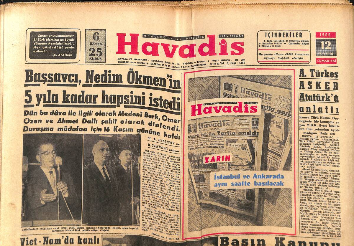 Havadis Gazetesi 12 Kasım 1960 - Kleopatra Filmi, Elizabeth Taylor Yüzünden Yarım Kaldı - Vietnam'da Kanlı Hükümet Darbesi GZ146966 - 1
