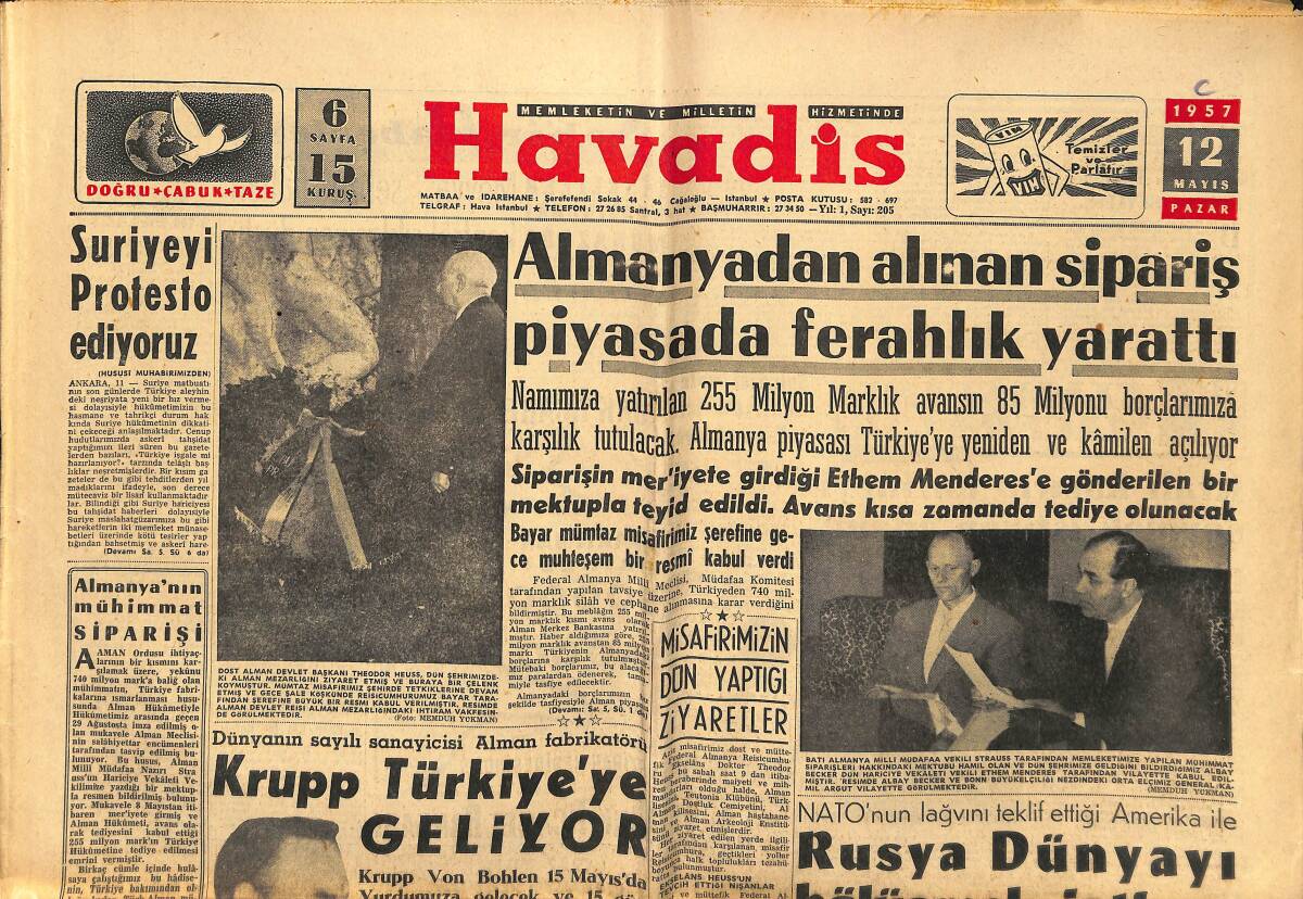 Havadis Gazetesi 12 Mayıs 1957 - Krupp Türkiye'ye Geliyor - Uludağ Teleferik Hattının İnşası Seneye Başlıyor GZ149167 - 1