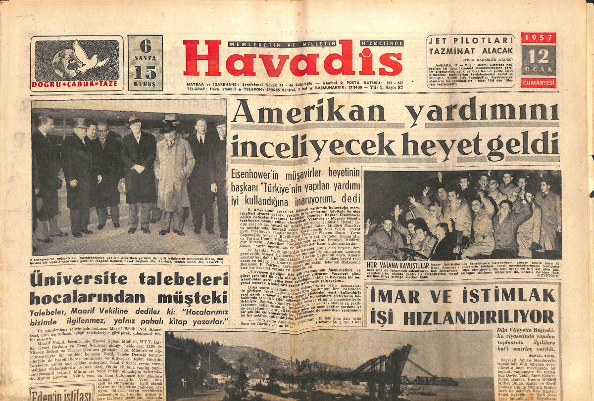 Havadis Gazetesi 12 Ocak 1957 - Amerikan Yardımını İnceleyecek Heyet Geldi - Bağdat Paktı Konferansı GZ142876 - 1