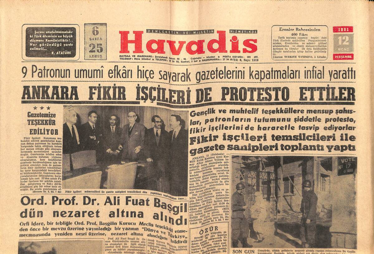 Havadis Gazetesi 12 Ocak 1961 - Ali Fuat Başgil Dün Nezaret Altına Alındı - NATO Kumandanı Stork Basın Toplantısı Yaptı GZ147116 - 1