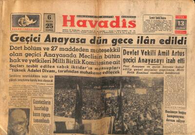 Havadis Gazetesi 13 Haziran 1960 - Geçici Anayasa Dün Gece İlân Edildi - Şampiyon Beşiktaş Son Maçta Fenerbahçeye 1-0 Mağlup Oldu GZ121228 - 1
