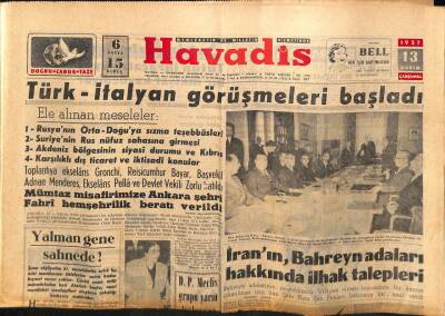 Havadis Gazetesi 13 Kasım 1957 - Türk-İtalyan Görüşmeleri Başladı GZ83156 - 1
