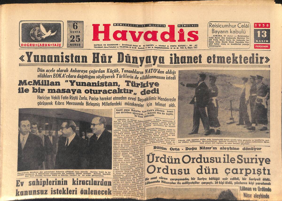 Havadis Gazetesi 13 Kasım 1958 - Ruslar Doğu Almanya'dan Çekilecekmiş - Menderes Ankaraya Avdet Etti GZ149147_Kopya(1) - 1