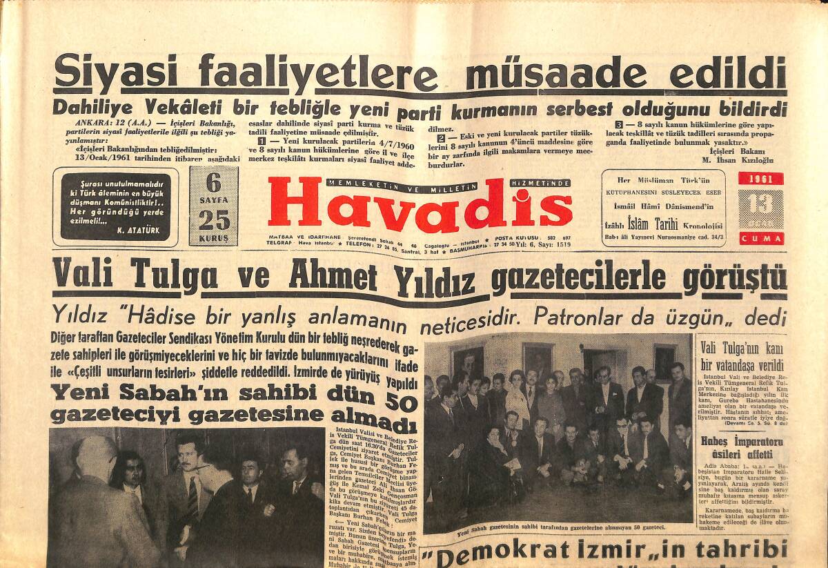 Havadis Gazetesi 13 Ocak 1961 - Vali Tulga Ve Ahmet Yıldız Gazetecilerle Görüştü - Kruşçef'in Küba'ya Gitmesi Muhtemel GZ147117 - 1