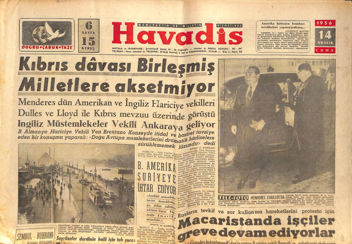Havadis Gazetesi 14 Aralık 1956 - Kıbrıs Davası Birleşmiş Milletlere Aksetmiyor - Marilyn'in Partoneri GZ148997 - 1