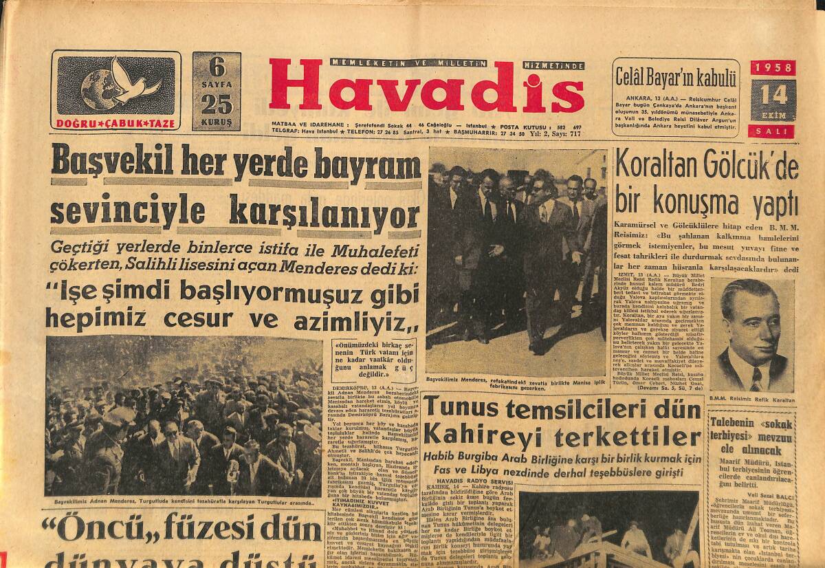 Havadis Gazetesi 14 Ekim 1958 - Zorlu Dün Gece Yurda Döndü - Lübnanda Askeri Bir Hükümet Kuruldu GZ149131 - 1