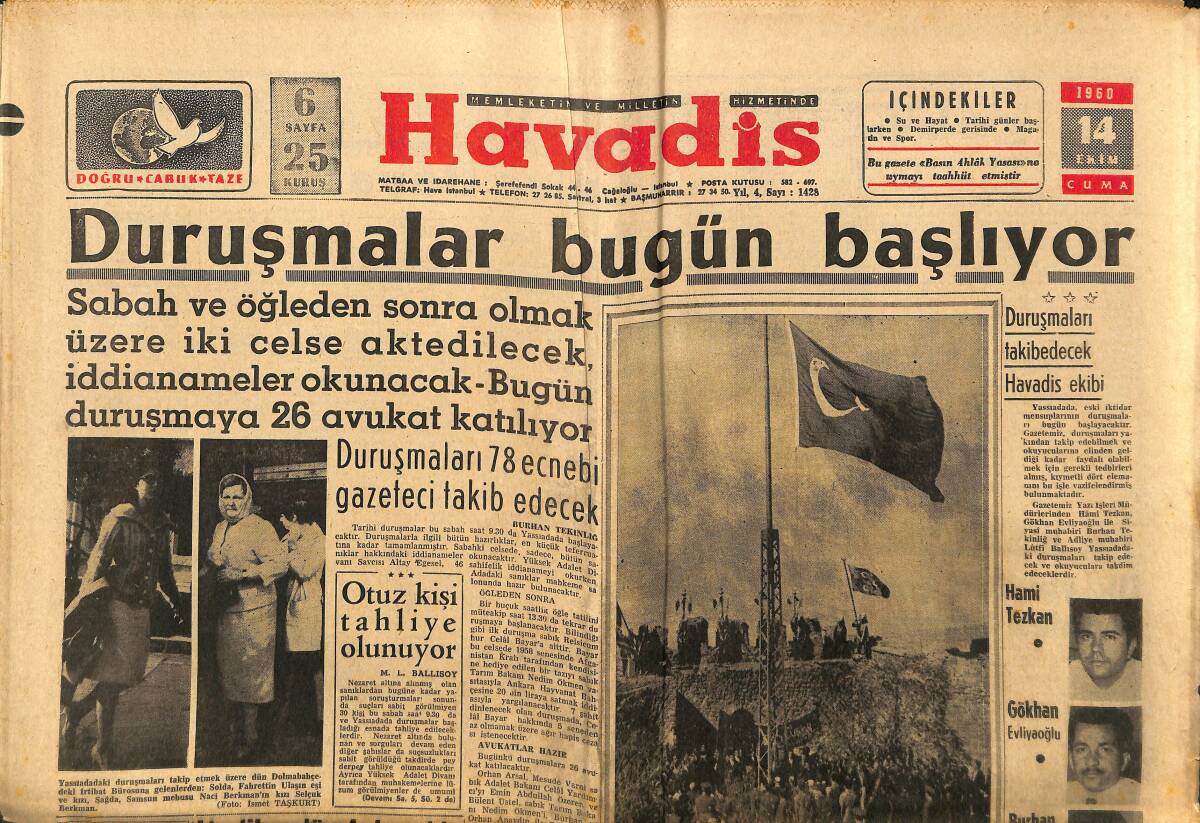 Havadis Gazetesi 14 Ekim 1960 - Turgut Bayar İsviçre'ye İltica Etti - Duruşmalar Bugün Başlıyor GZ148667 - 1