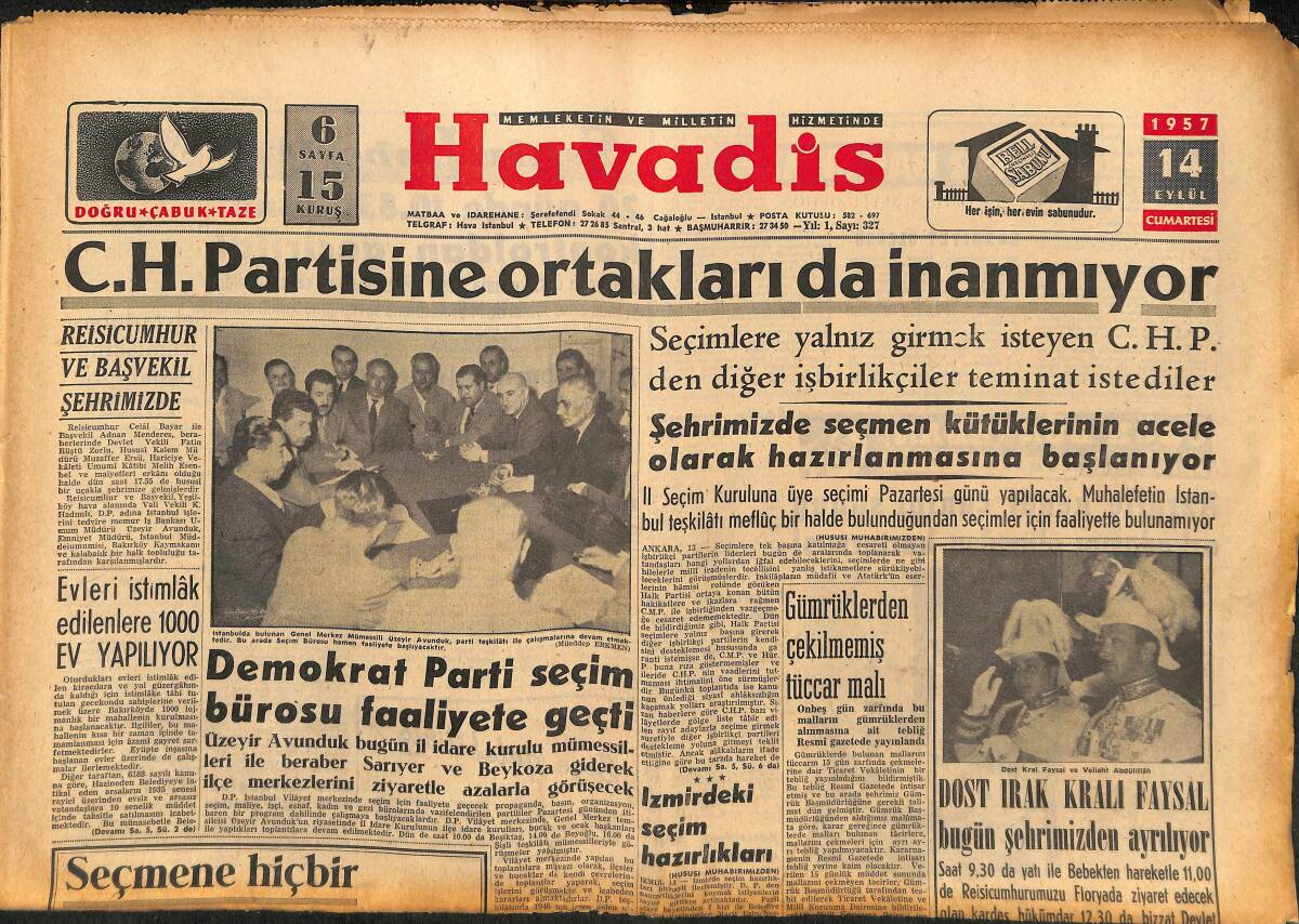 Havadis Gazetesi 14 Eylül 1957 - Florya Sahil Yolunun Yeşilköy Kısmı Yapılıyor - Dost Irak Kralı Faysal Şehrimizden Ayrılıyor GZ148615 - 1