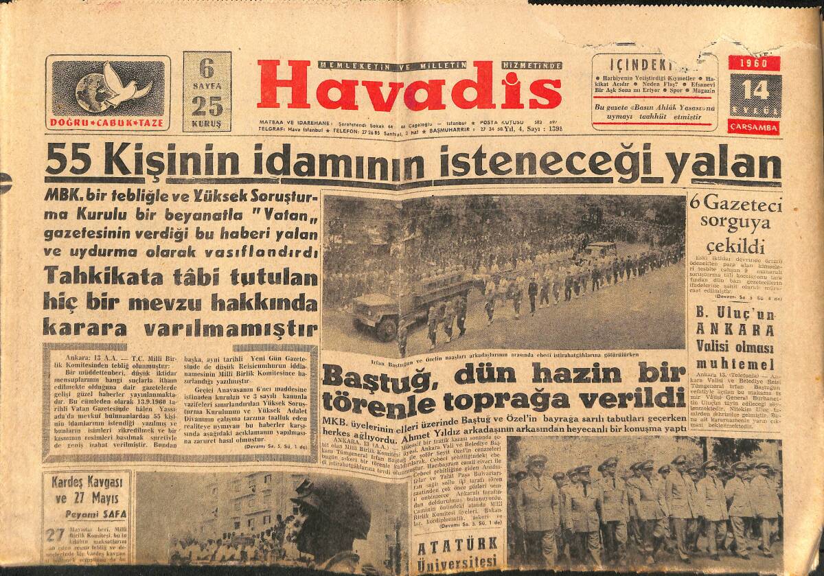Havadis Gazetesi 14 Eylül 1960 - Baştuğ , Dün Hazin Bir Törenle Toprağa Verildi - Donna Tayfunu GZ147070 - 1