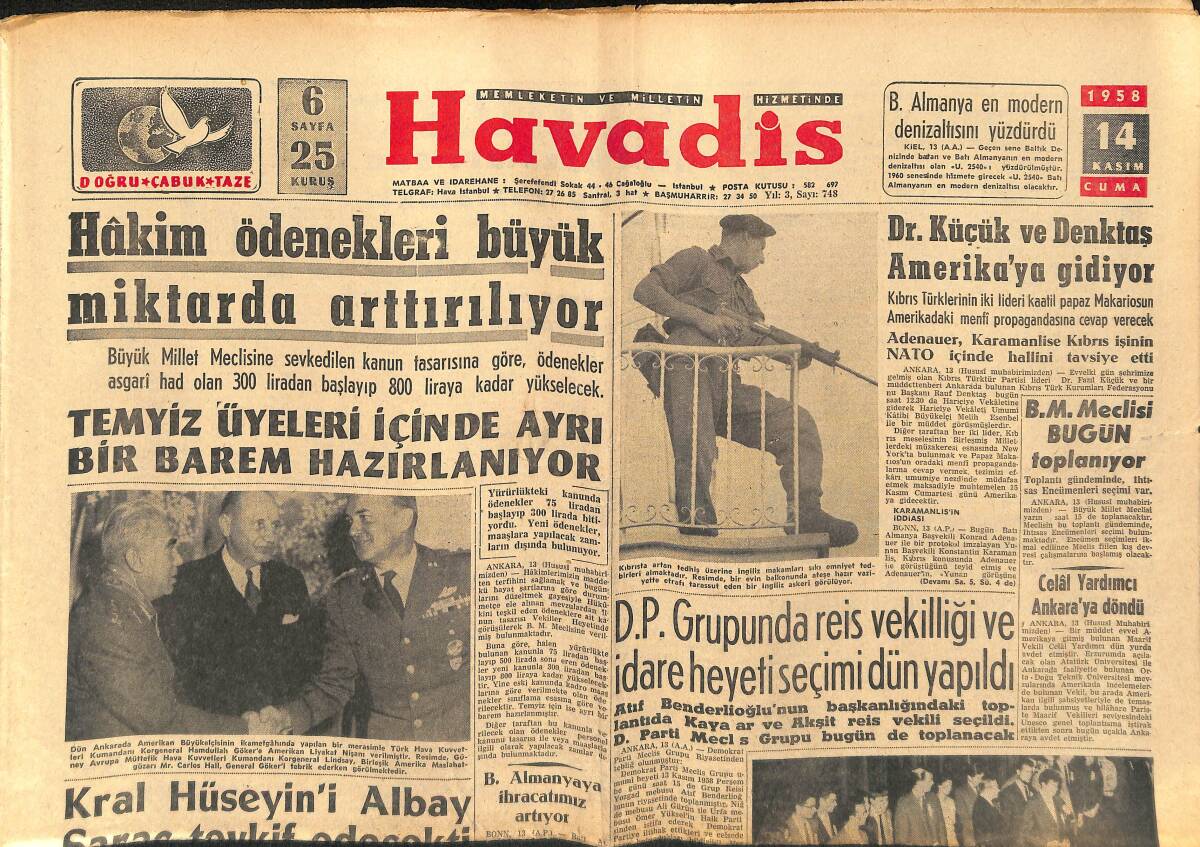 Havadis Gazetesi 14 Kasım 1958 - Konyada Pastörize Süt Fabrikası Kurulacak - Türkiye Maden Sanayii Gelişiyor GZ149148 - 1