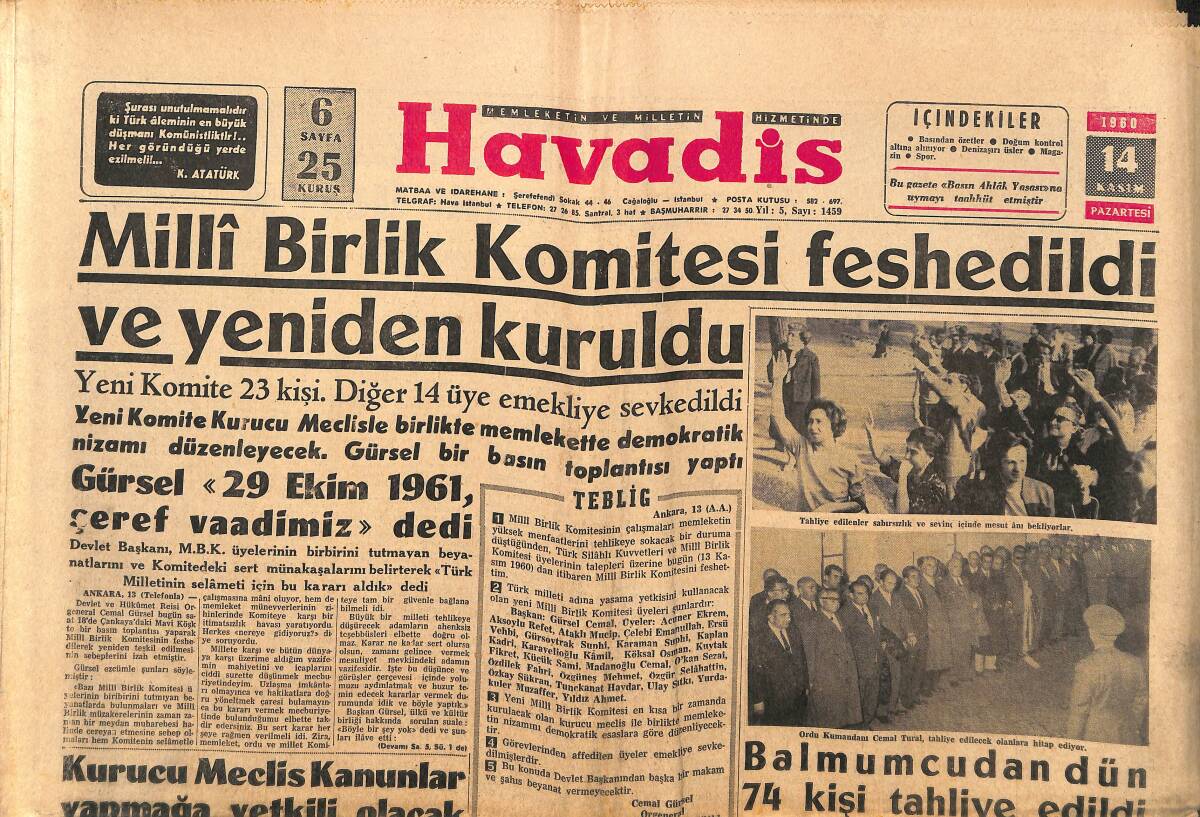 Havadis Gazetesi 14 Kasım 1960 - Dünya Güzeli Seçildi - Galatasaray Rostov'u Perişan Etti GZ146964 - 1