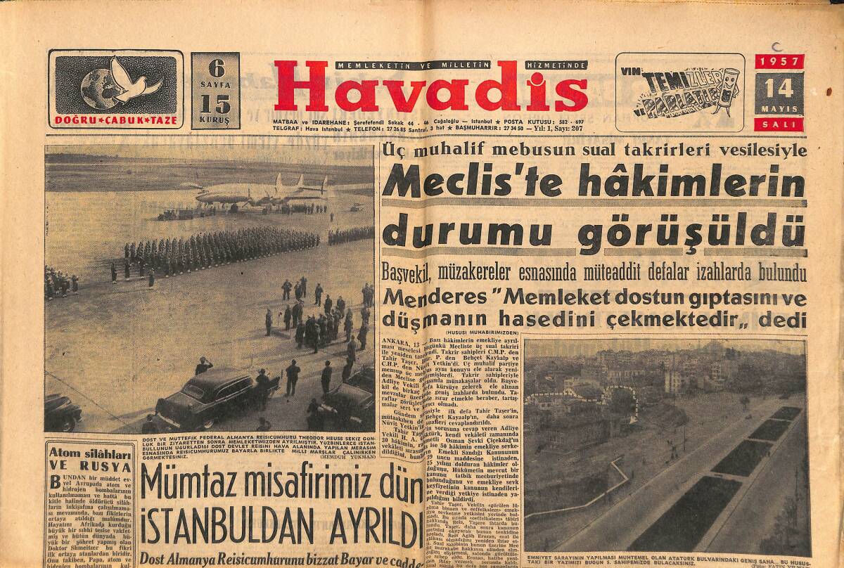 Havadis Gazetesi 14 Mayıs 1957 - Erzurum'da Sel 200 Evi Yıktı - Atom Silâhları Ve Rusya GZ149099 - 1